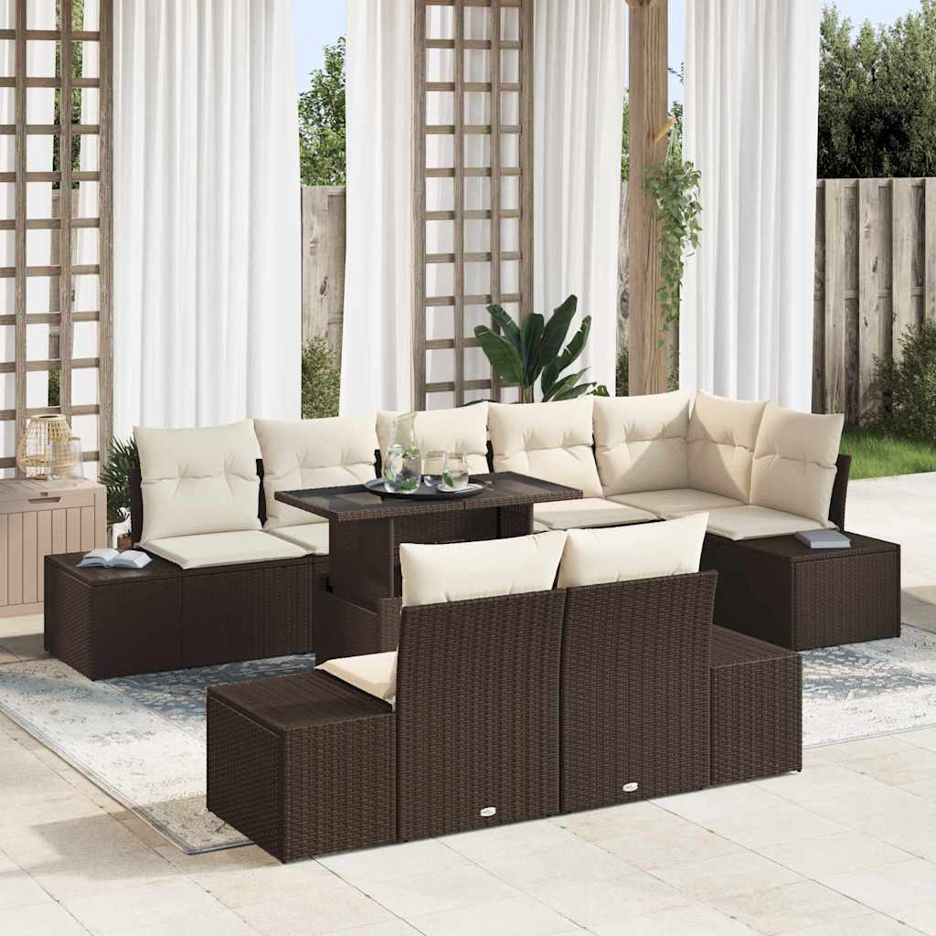 Gartensofa-set mit Kissen 9 pcs Braun und Creme Poly-Rattan