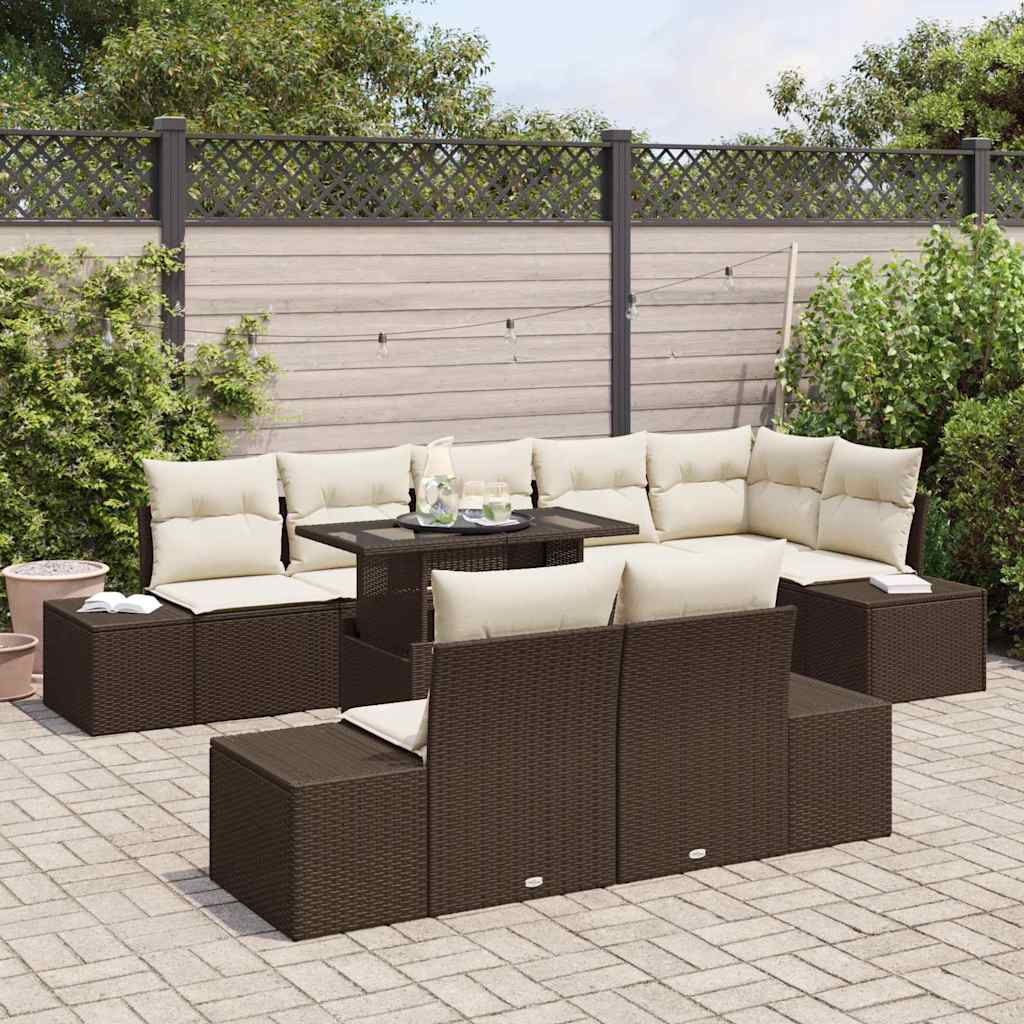 Gartensofa-set mit Kissen 9 pcs Braun und Creme Poly-Rattan