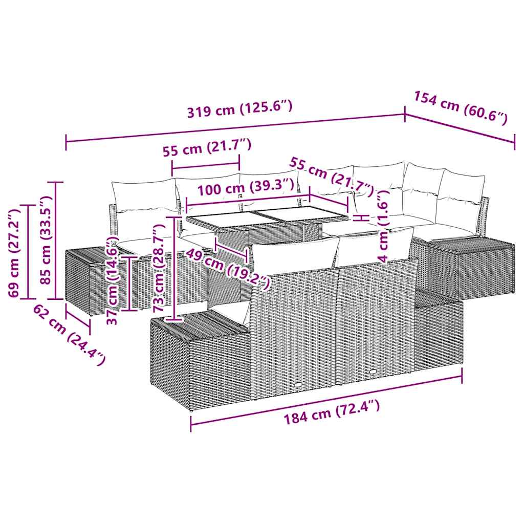 Gartensofa-set mit Kissen 9 pcs Beige und Hellgrau Poly-Rattan