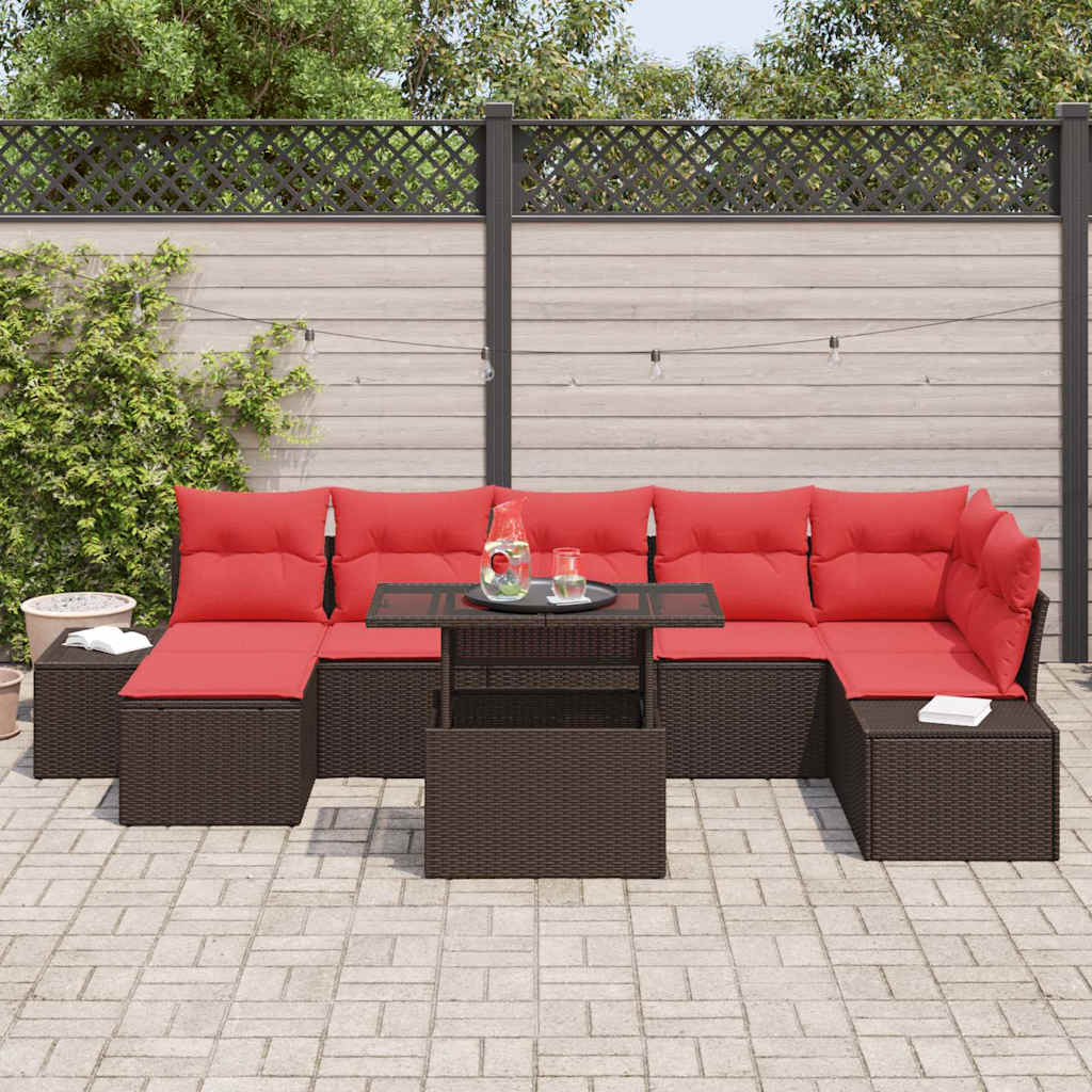 Gartensofa-set mit Kissen 8 pcs Braun und Rot Poly-Rattan