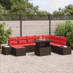 Gartensofa-set mit Kissen 9 pcs Braun und Rot Poly-Rattan