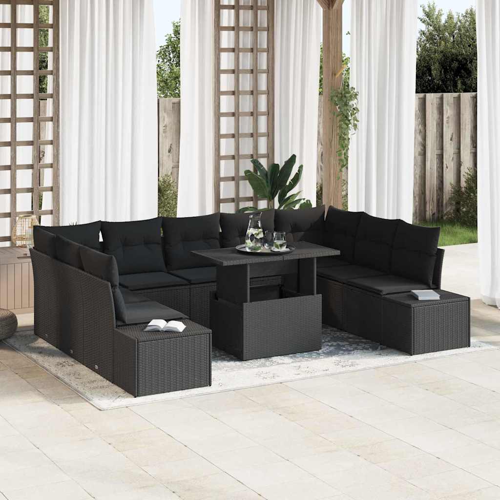 Gartensofa-set mit Kissen 10 pcs Schwarz Poly-Rattan
