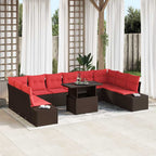 Gartensofa-set mit Kissen 11 pcs Braun und Rot Poly-Rattan