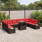 Gartensofa-set mit Kissen 11 pcs Braun und Rot Poly-Rattan