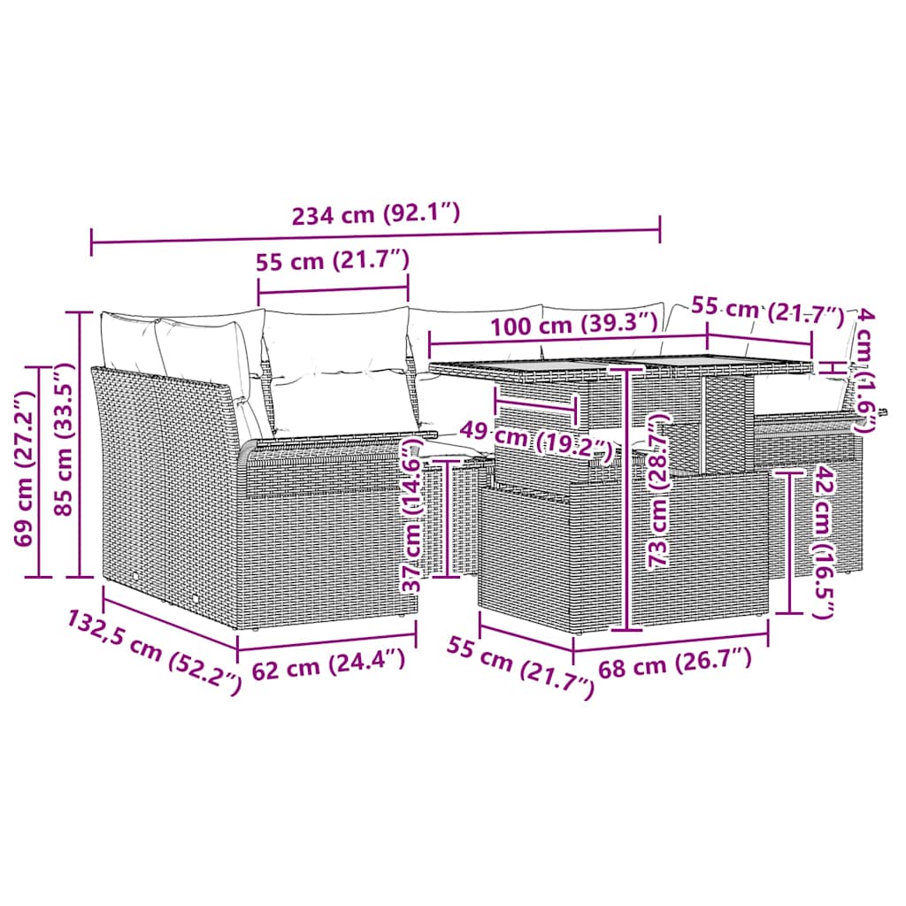 Garten-Sofa-Set mit Kissen 7 pcs Schwarz