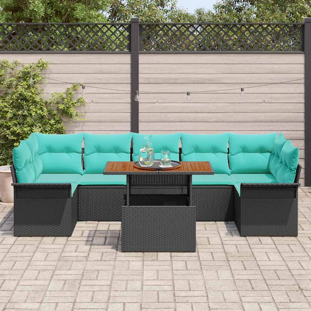 Gartensofa-set mit Kissen 8 pcs Schwarz und Blau Poly-Rattan