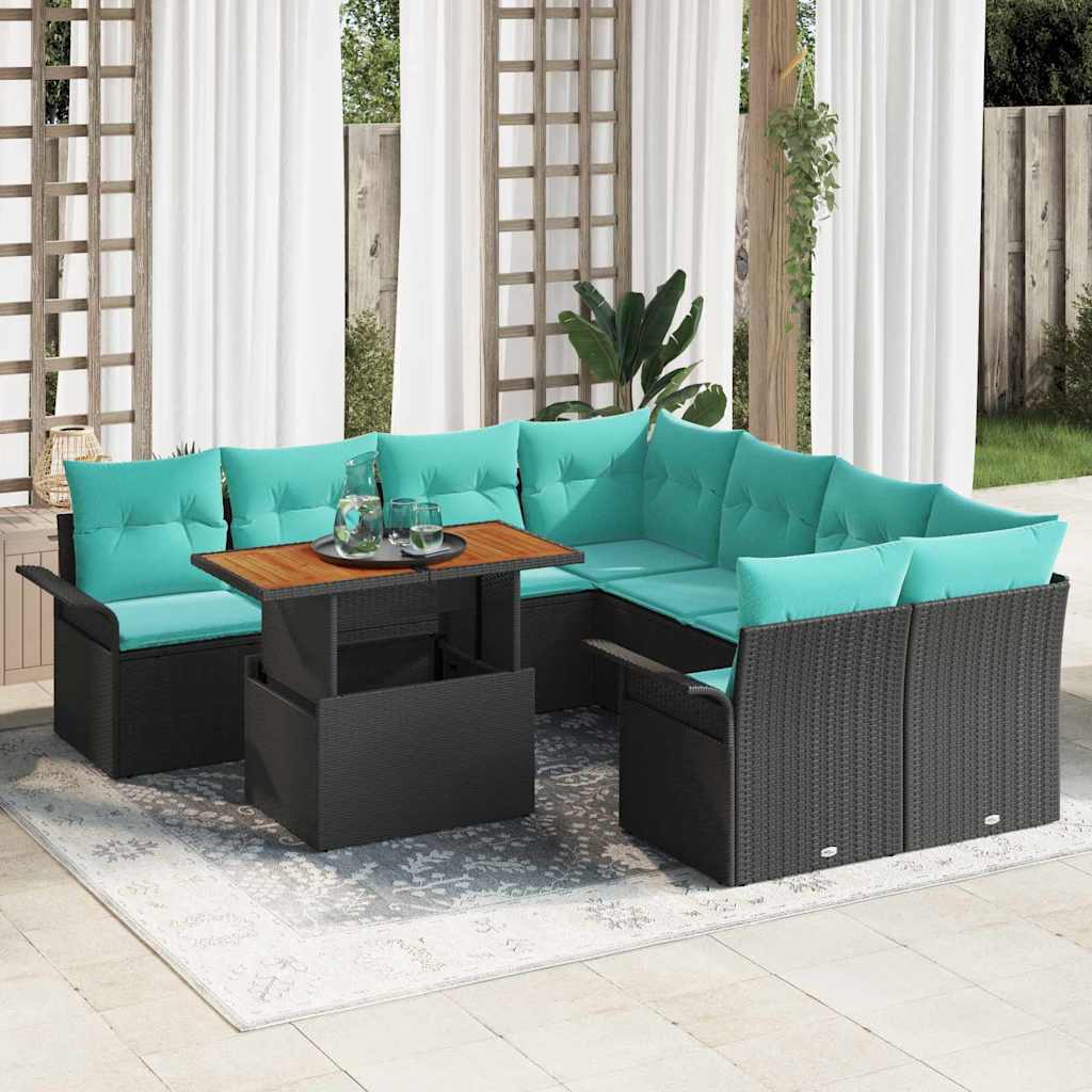 Gartensofa-set mit Kissen 9 pcs Schwarz und Blau Poly-Rattan