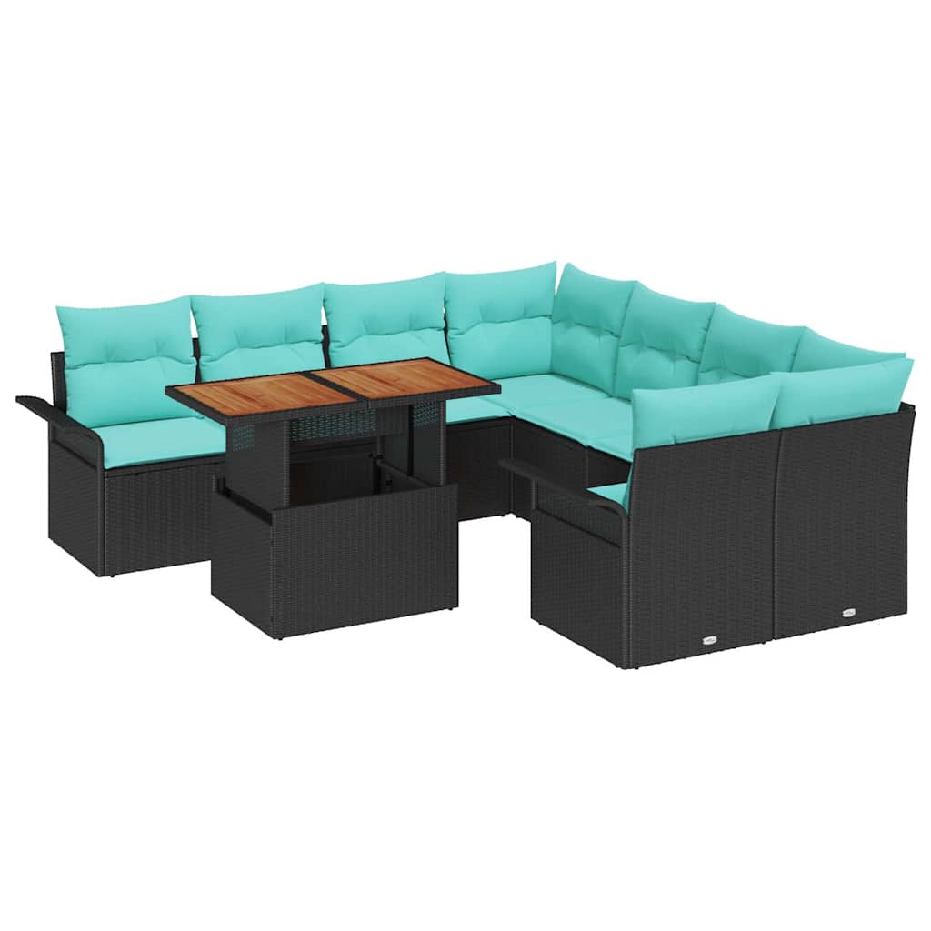 Gartensofa-set mit Kissen 9 pcs Schwarz und Blau Poly-Rattan