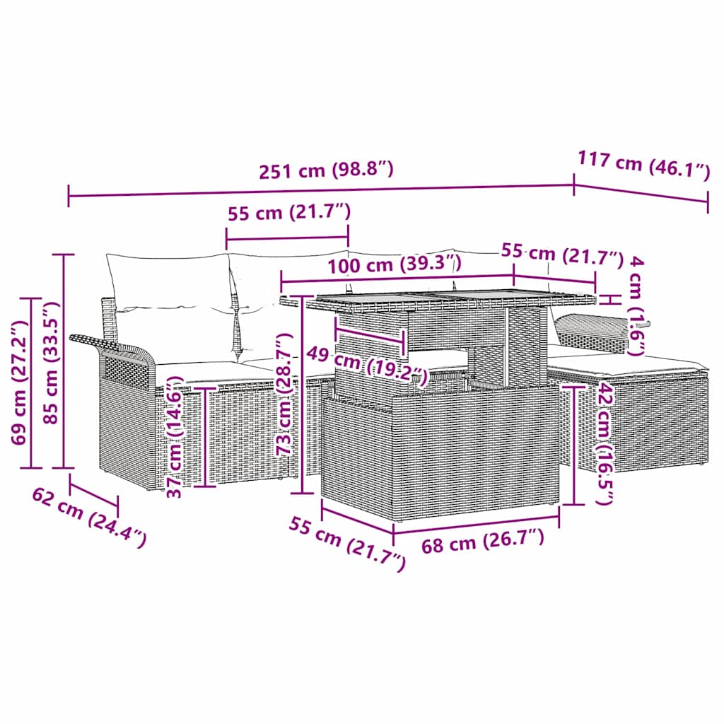 Garten-Sofa-Set mit Kissen 6 pcs Grau