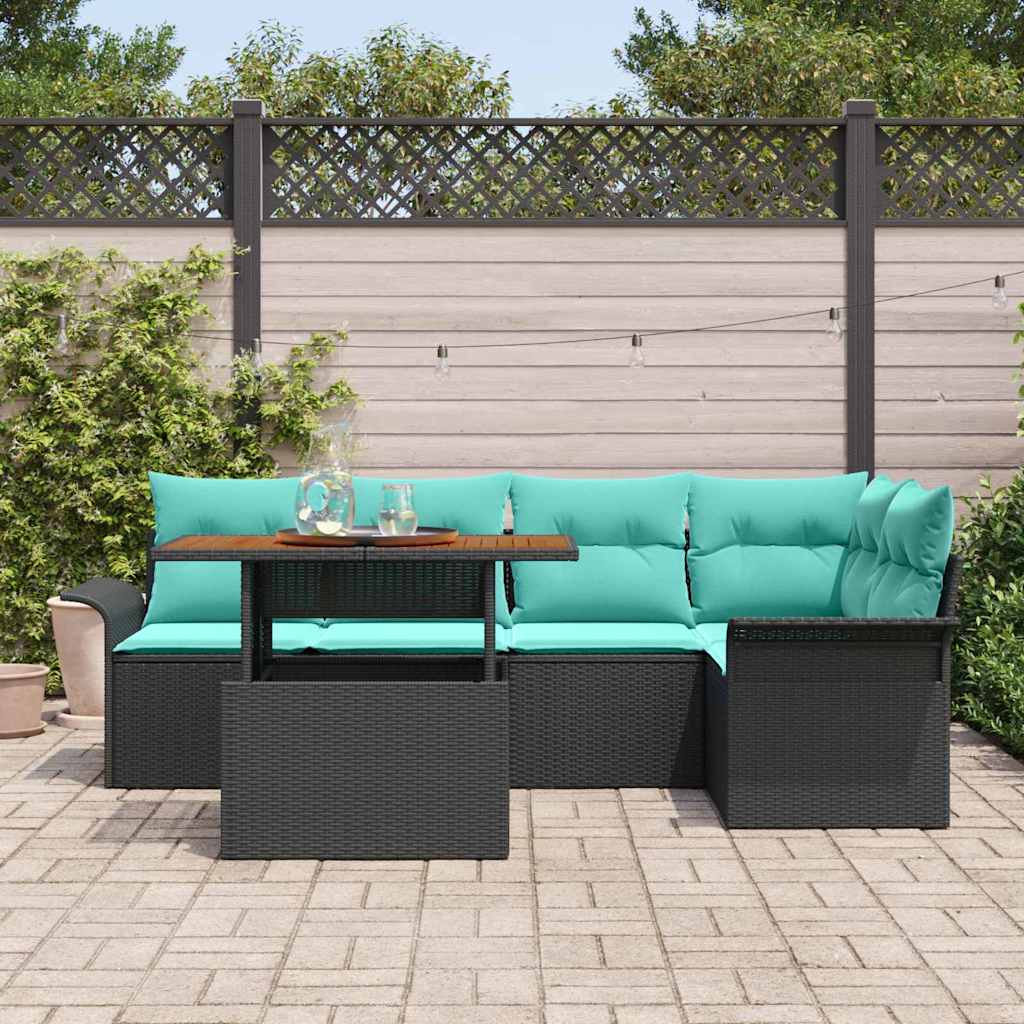 Gartensofa-set mit Kissen 6 pcs Schwarz und Blau Poly-Rattan