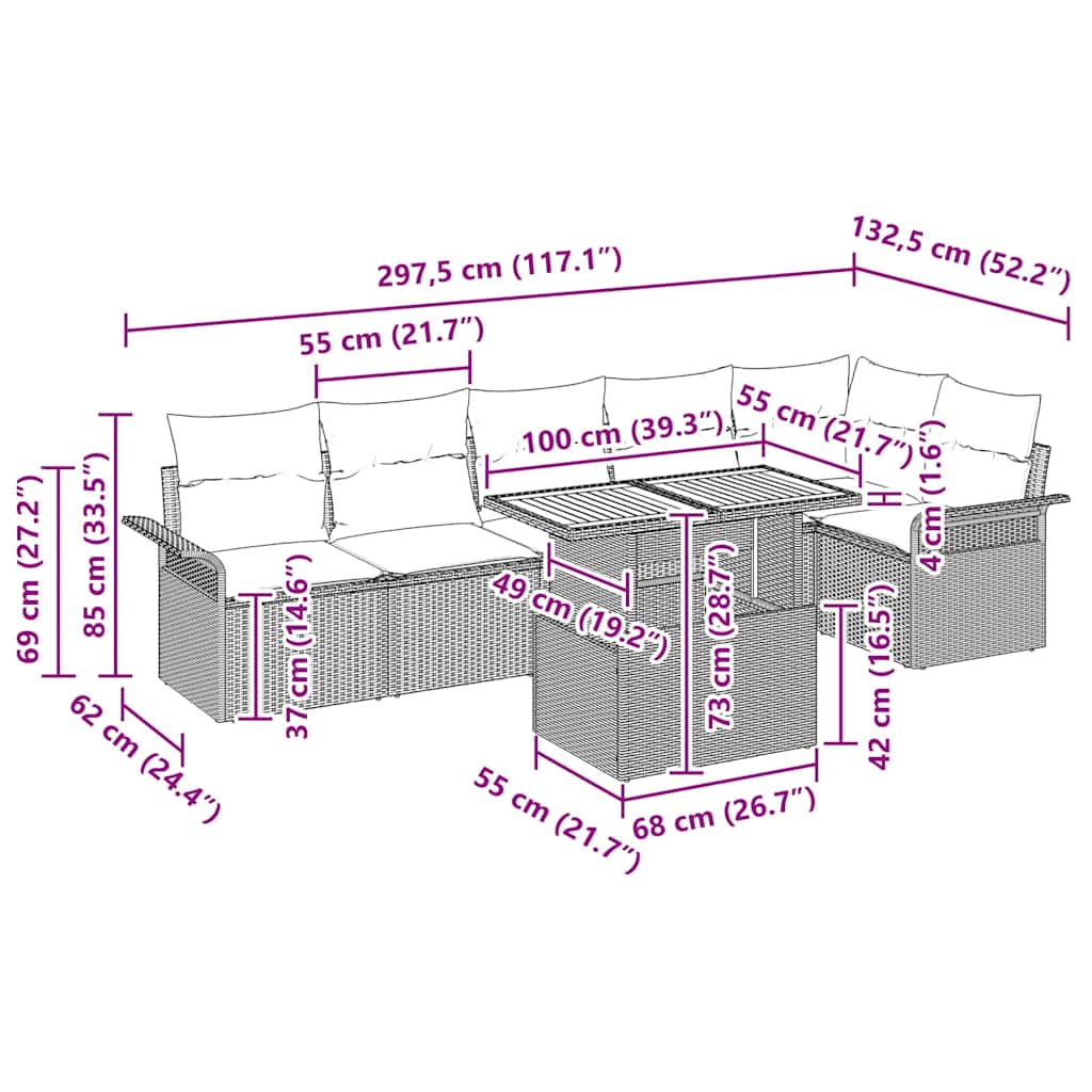 Gartensofa-set mit Kissen 7 pcs Beige und Hellgrau Poly-Rattan