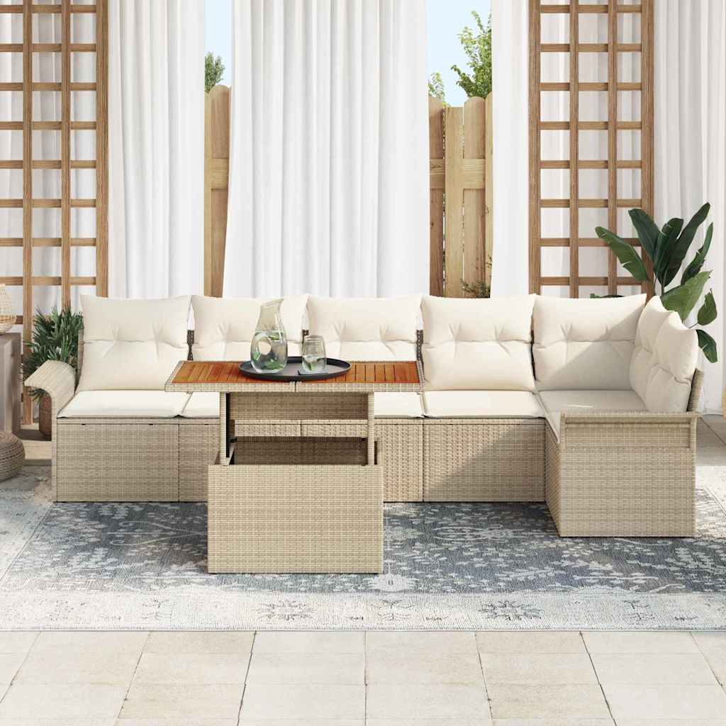 Gartensofa-set mit Kissen 7 pcs Beige und Creme Poly-Rattan