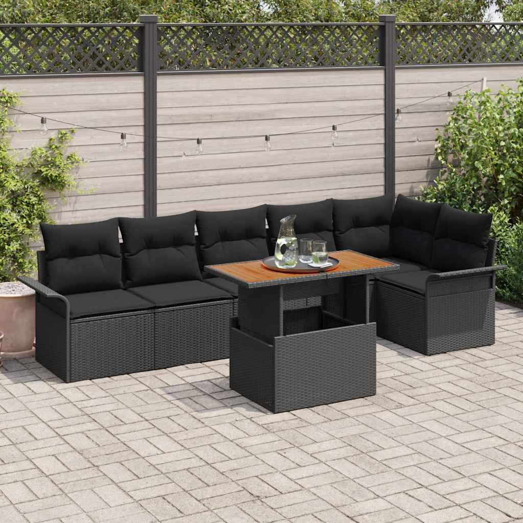 Gartensofa-set mit Kissen 7 pcs Schwarz Poly-Rattan