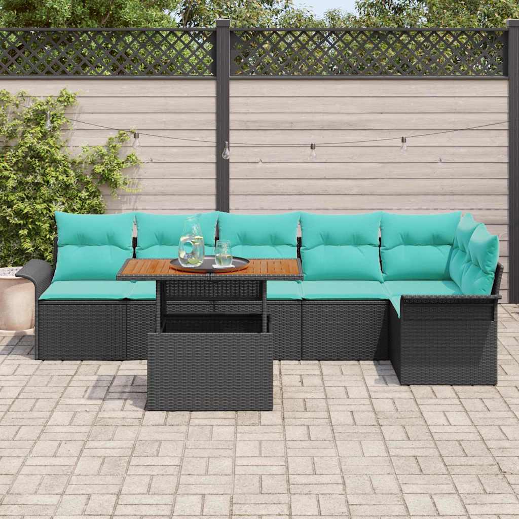 Gartensofa-set mit Kissen 7 pcs Schwarz und Blau Poly-Rattan