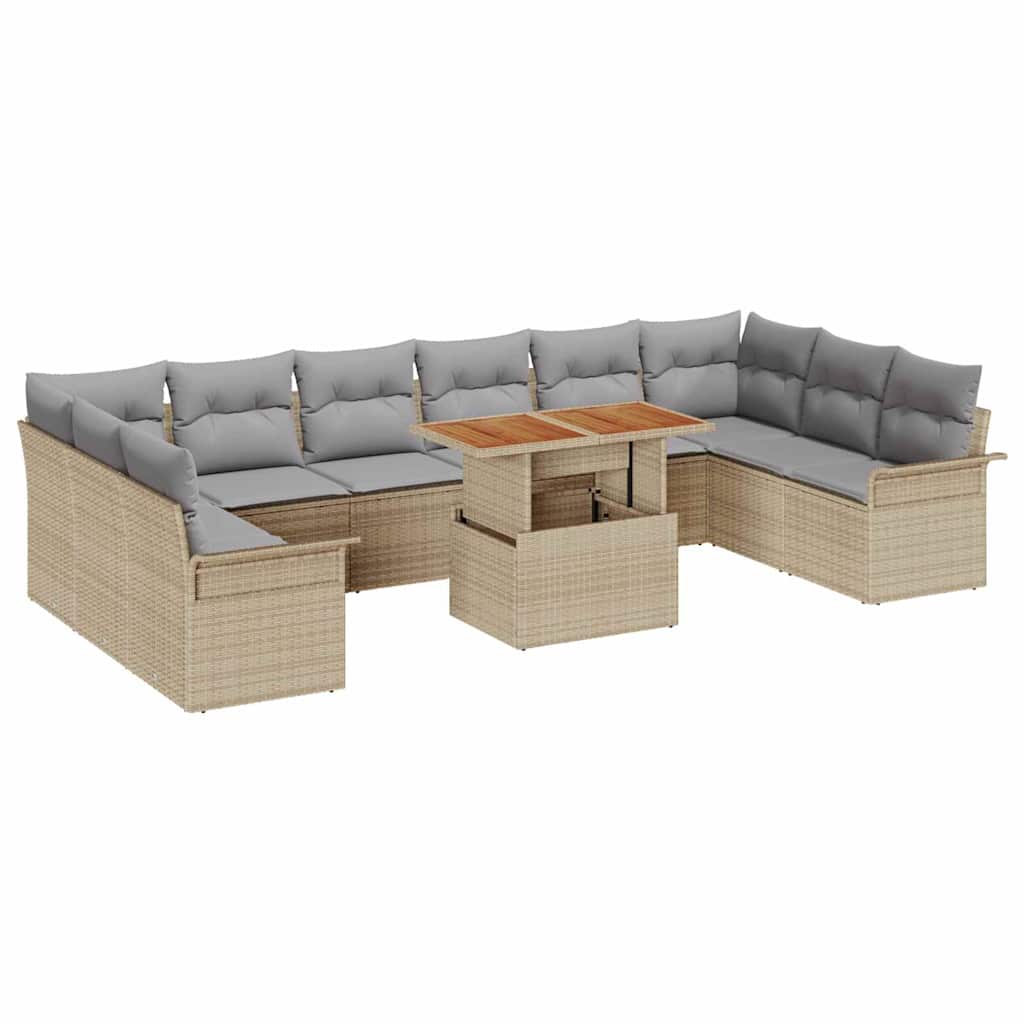 Gartensofa-set mit Kissen 11 pcs Beige und Hellgrau Poly-Rattan