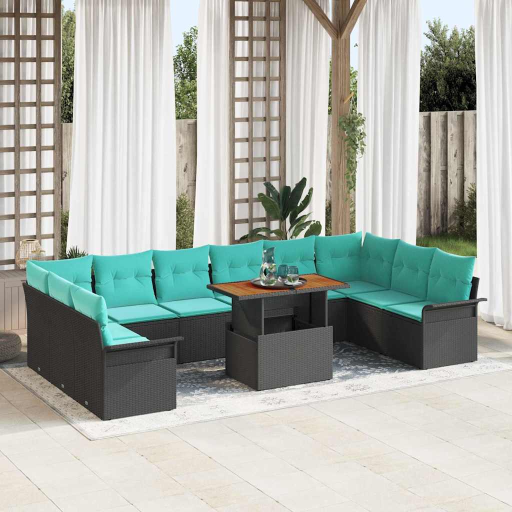 Gartensofa-set mit Kissen 11 pcs Schwarz und Blau Poly-Rattan