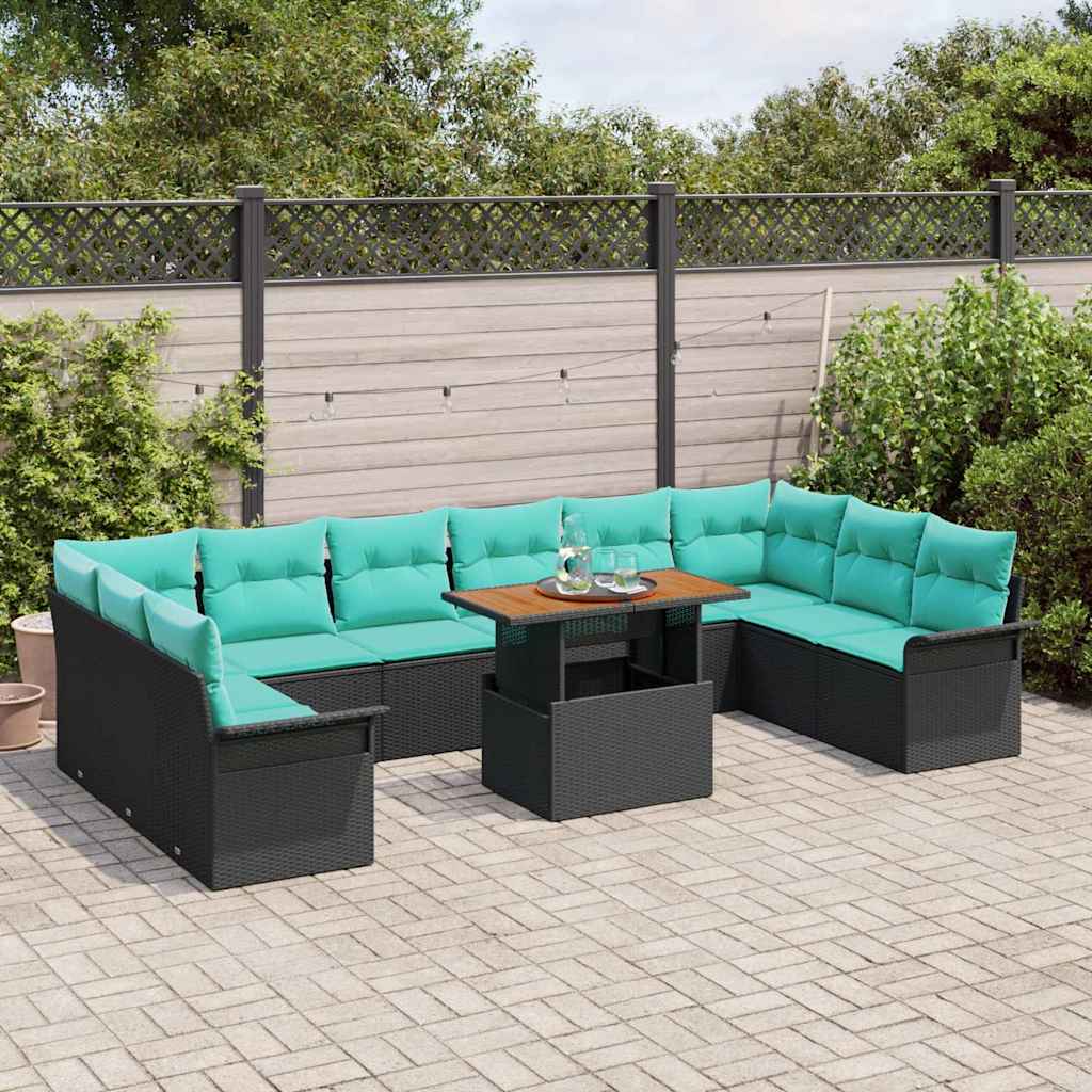 Gartensofa-set mit Kissen 11 pcs Schwarz und Blau Poly-Rattan