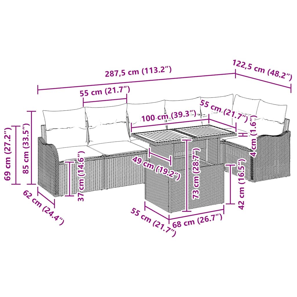 Garten-Sofa-Set mit Kissen 7 pcs Grau