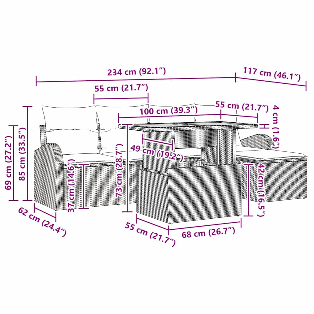 Garten-Sofa-Set mit Kissen 6 pcs Grau