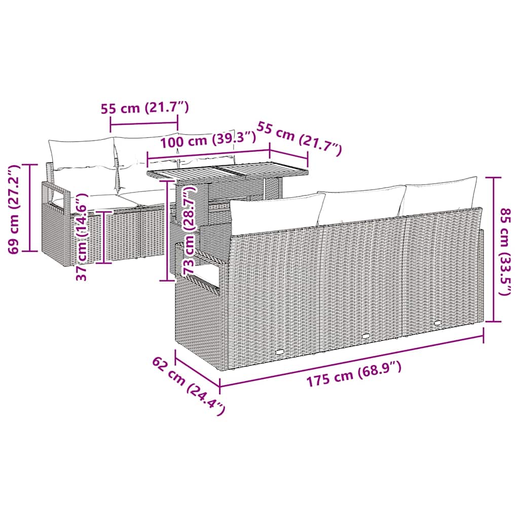 Garten-Sofa-Set mit Kissen 7 pcs Schwarz