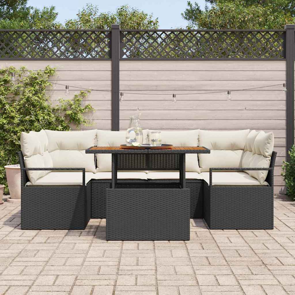 Garten-Sofa-Set mit Kissen 7 pcs Schwarz und Creme