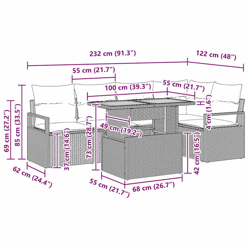Garten Essgruppe mit Kissen 6 pcs Schwarz und Braun