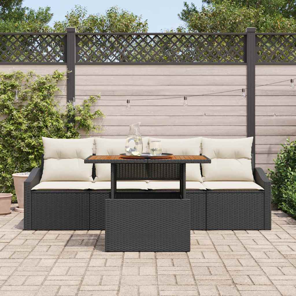Garten-Sofa-Set mit Kissen 5 pcs Schwarz Poly Rattan