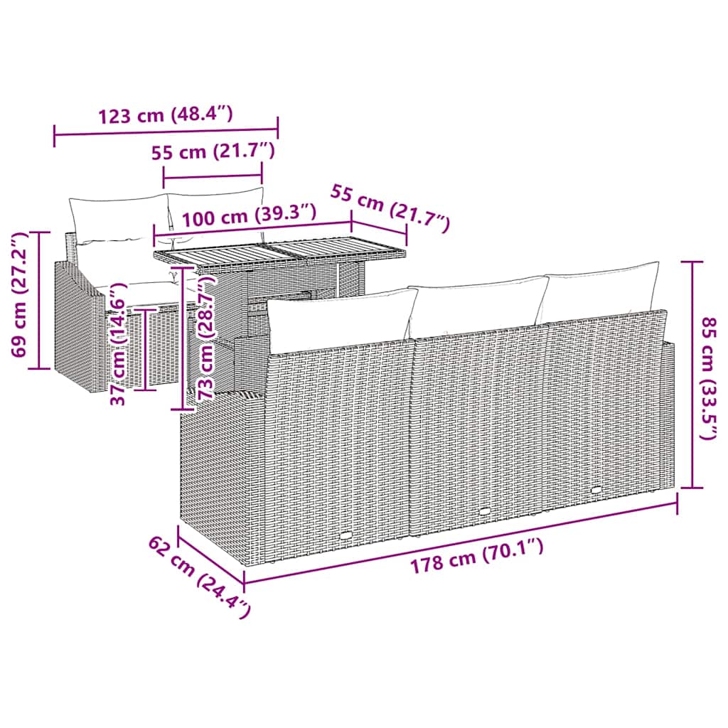 Garten Essgruppe mit Kissen 6 pcs Grau und Braun