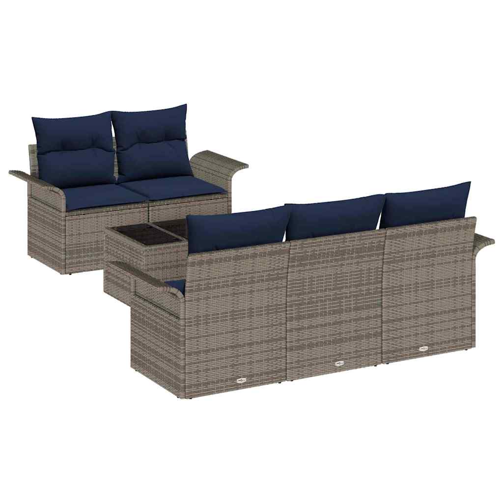 Gartensofa-set mit Kissen 6 pcs Grau und Marineblau Poly-Rattan