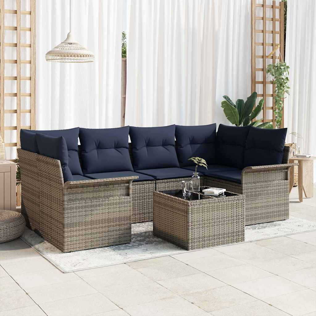 Gartensofa-set mit Kissen 7 pcs Grau und Marineblau Poly-Rattan
