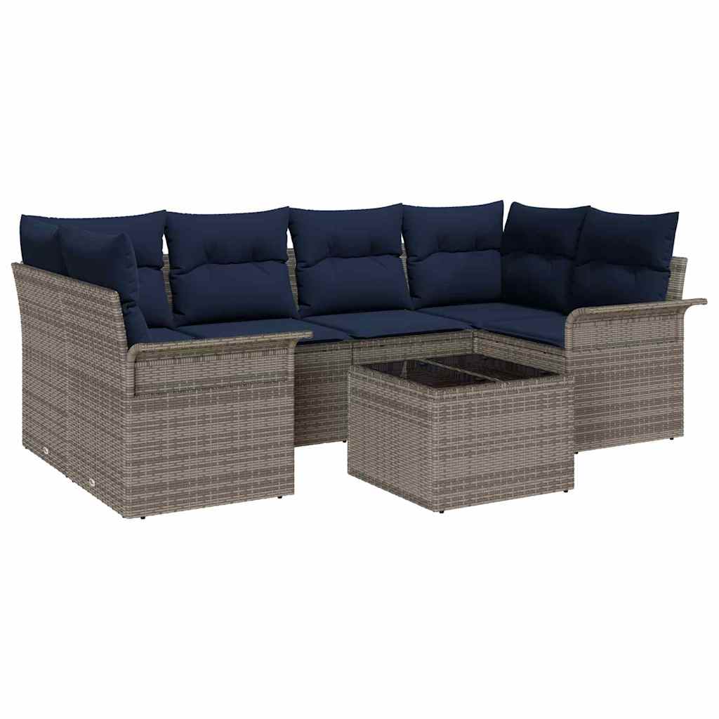 Gartensofa-set mit Kissen 7 pcs Grau und Marineblau Poly-Rattan