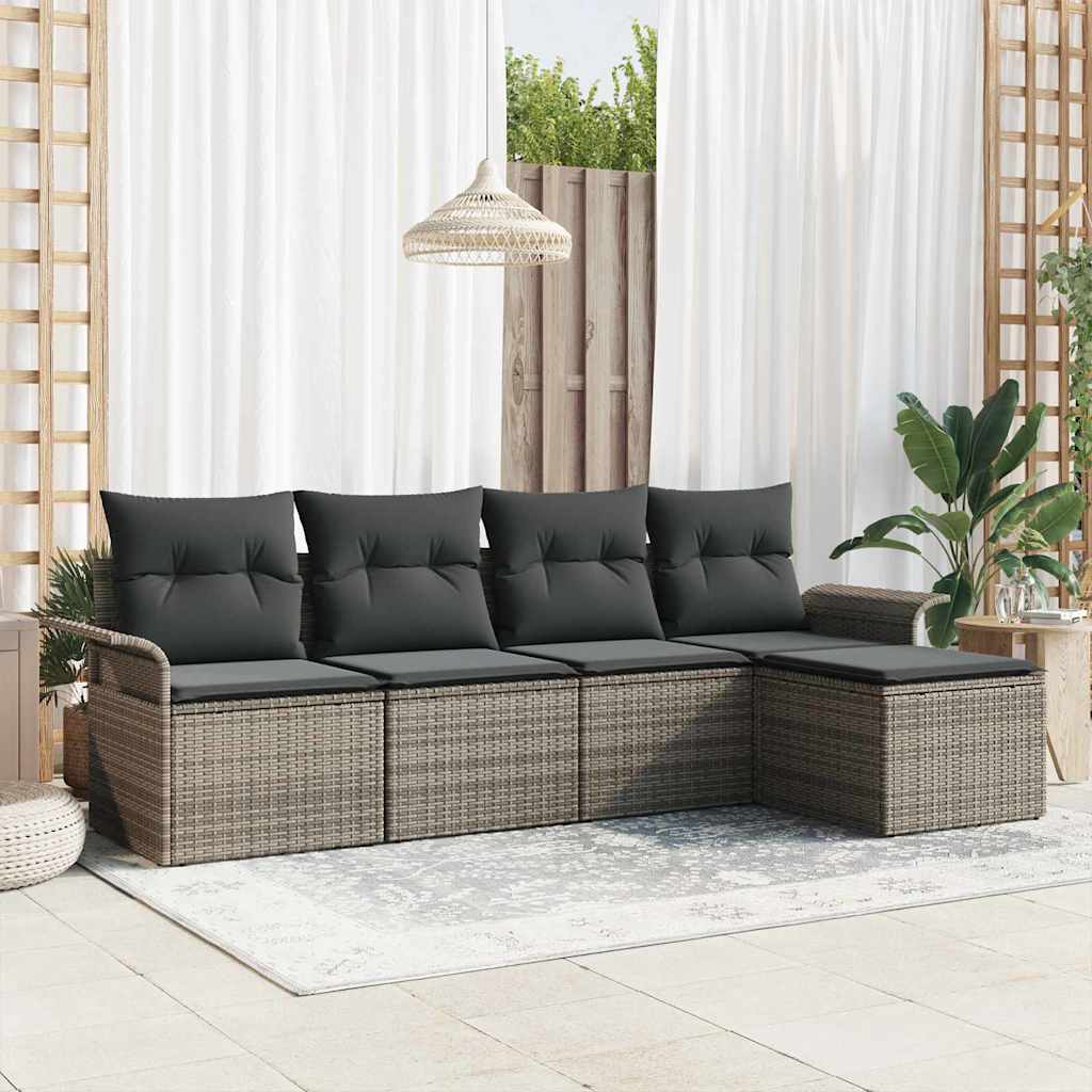 Gartensofa-set mit Kissen mit Speicher 5 pcs Grau Poly-Rattan