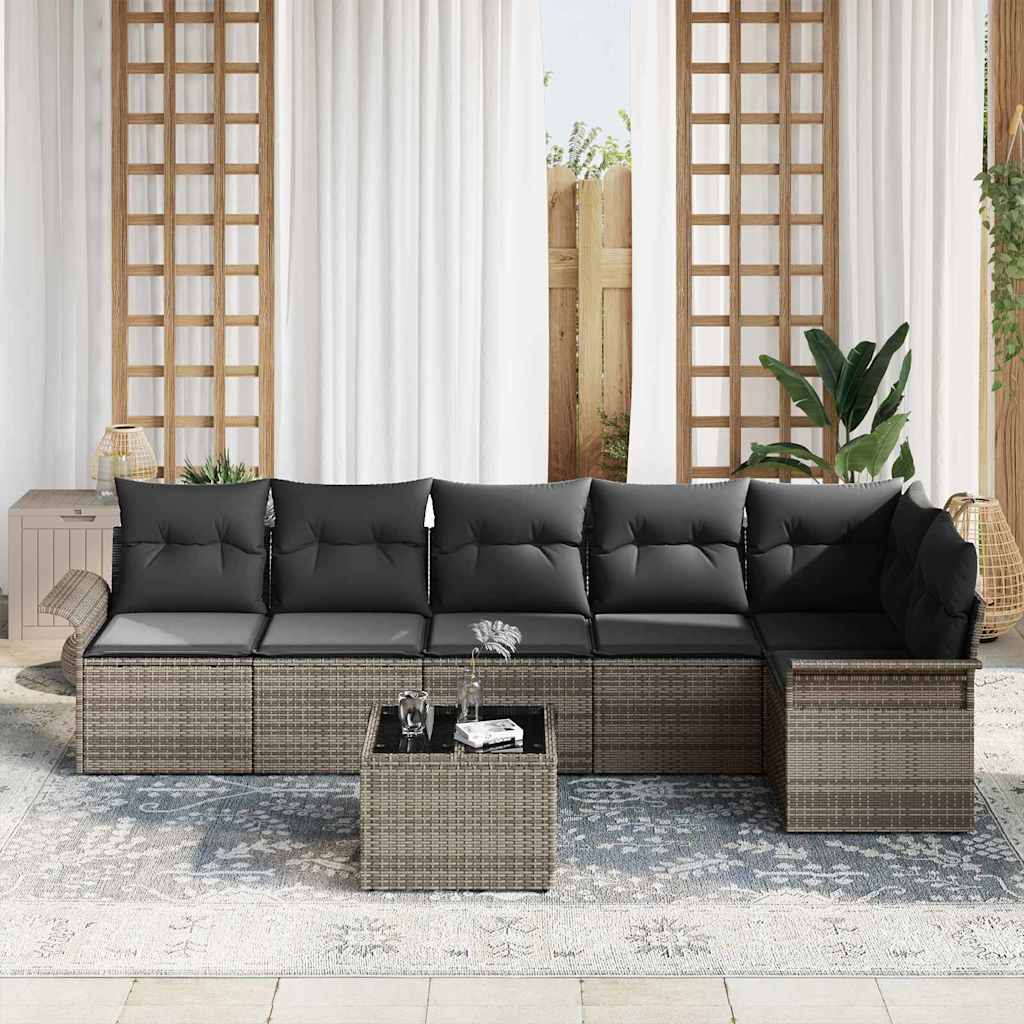 Garten-Sofa-Set mit Kissen mit Speicher 7 pcs Grau Poly Rattan