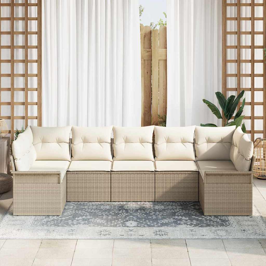 Garten-Sofa-Set mit Kissen mit Speicher 7 pcs Beige Poly Rattan