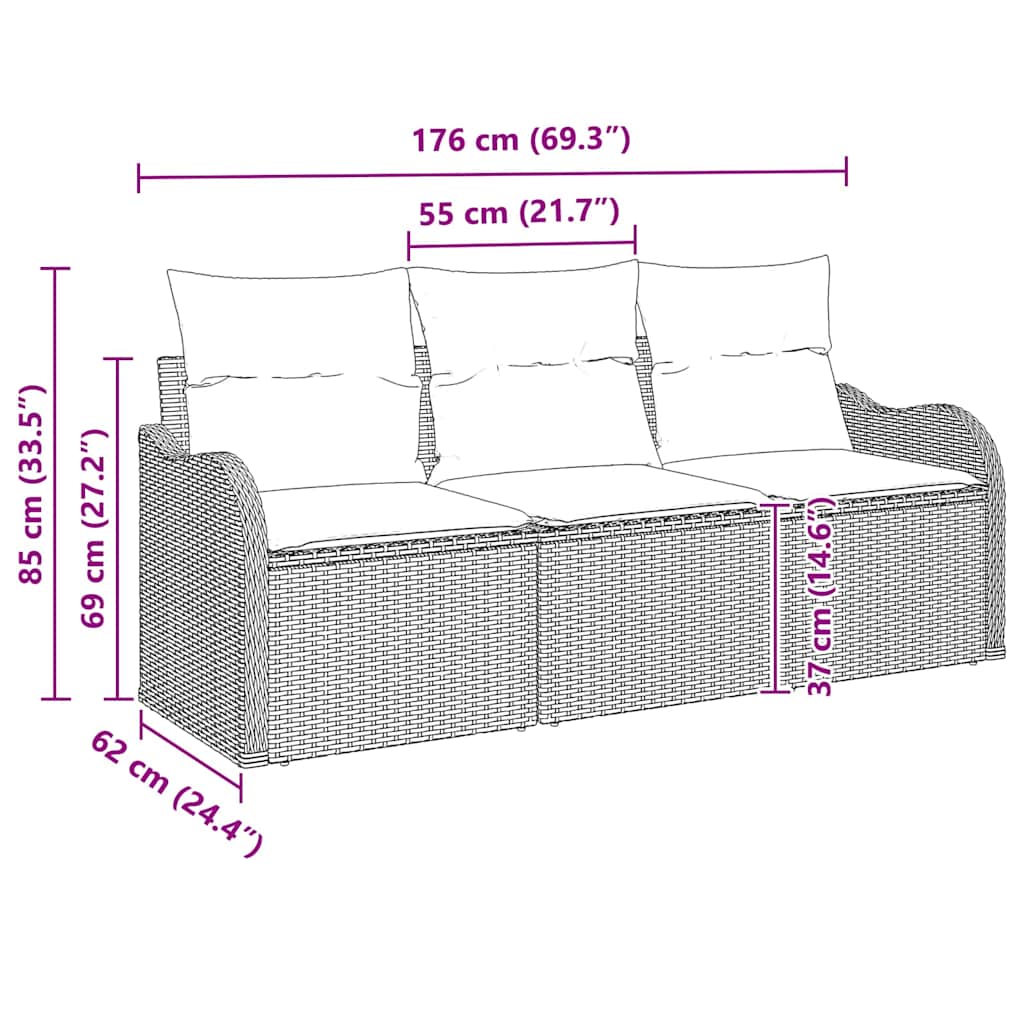 Garten-Sofa-Set mit Speicher 3 pcs Schwarz Poly Rattan