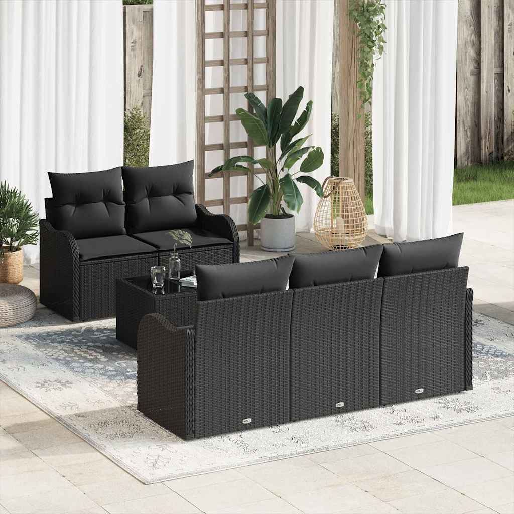 Garten-Sofa-Set 6 pcs Schwarz Poly-Rattan und Stahl und Glas