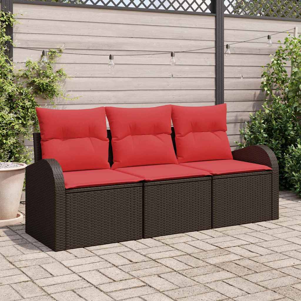 Garten-Sofa-Set mit Speicher 3 pcs Braun und Rot Poly Rattan