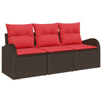 Garten-Sofa-Set mit Speicher 3 pcs Braun und Rot Poly Rattan