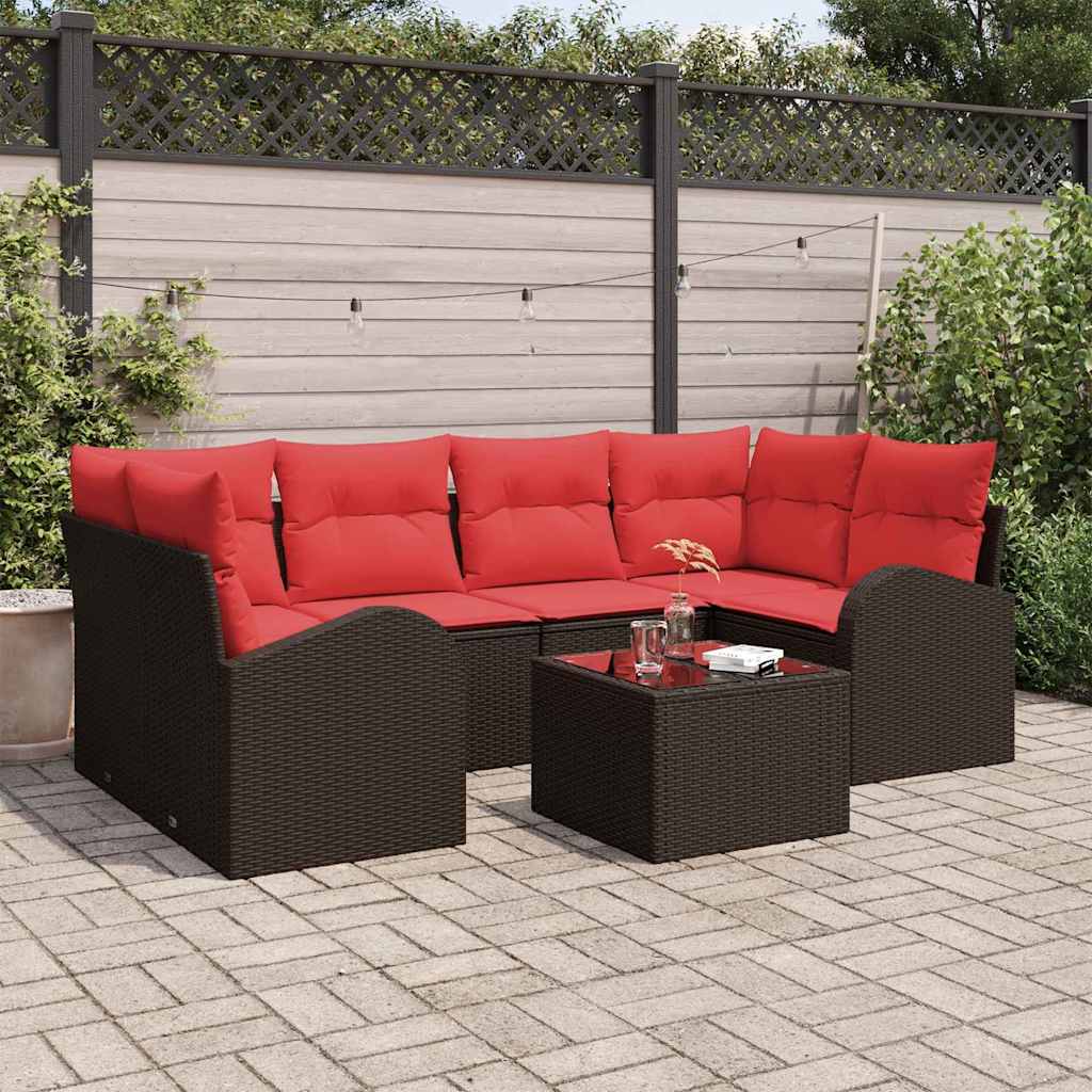 Gartensofa-set mit Speicher 7 pcs Beige und Rot Poly-Rattan