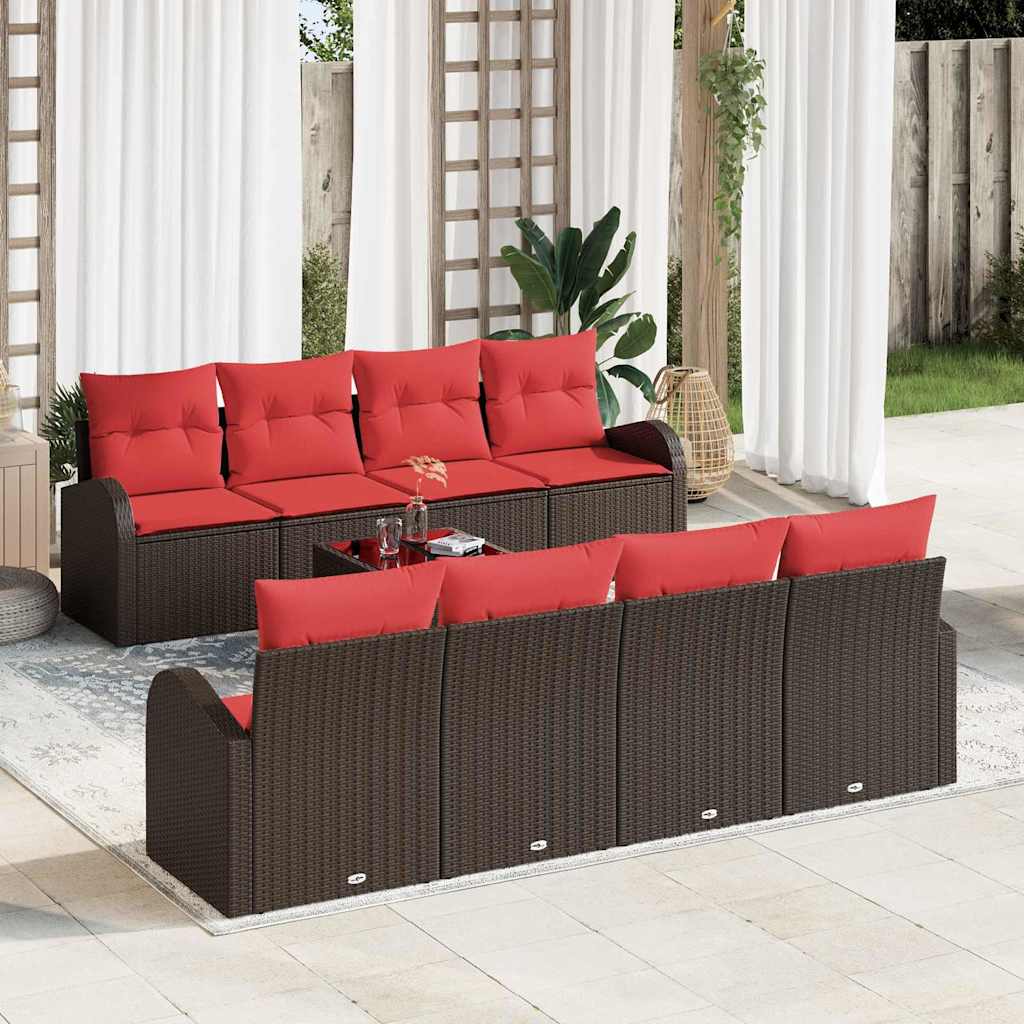 Sofa Set mit Kissen 9 pcs Beige und Rot Poly-Rattan
