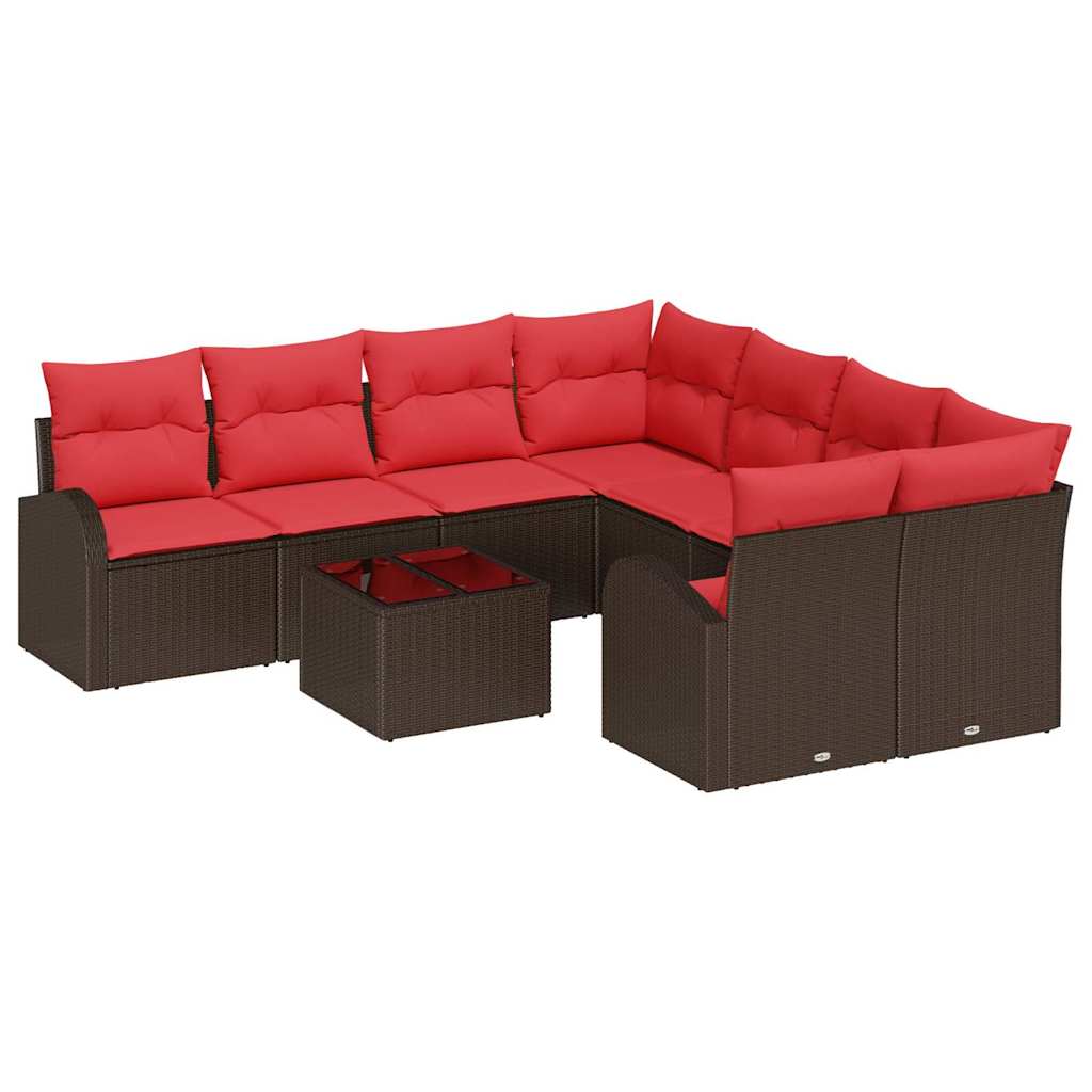 Sofa Set mit Kissen 9 pcs Beige und Rot Poly-Rattan