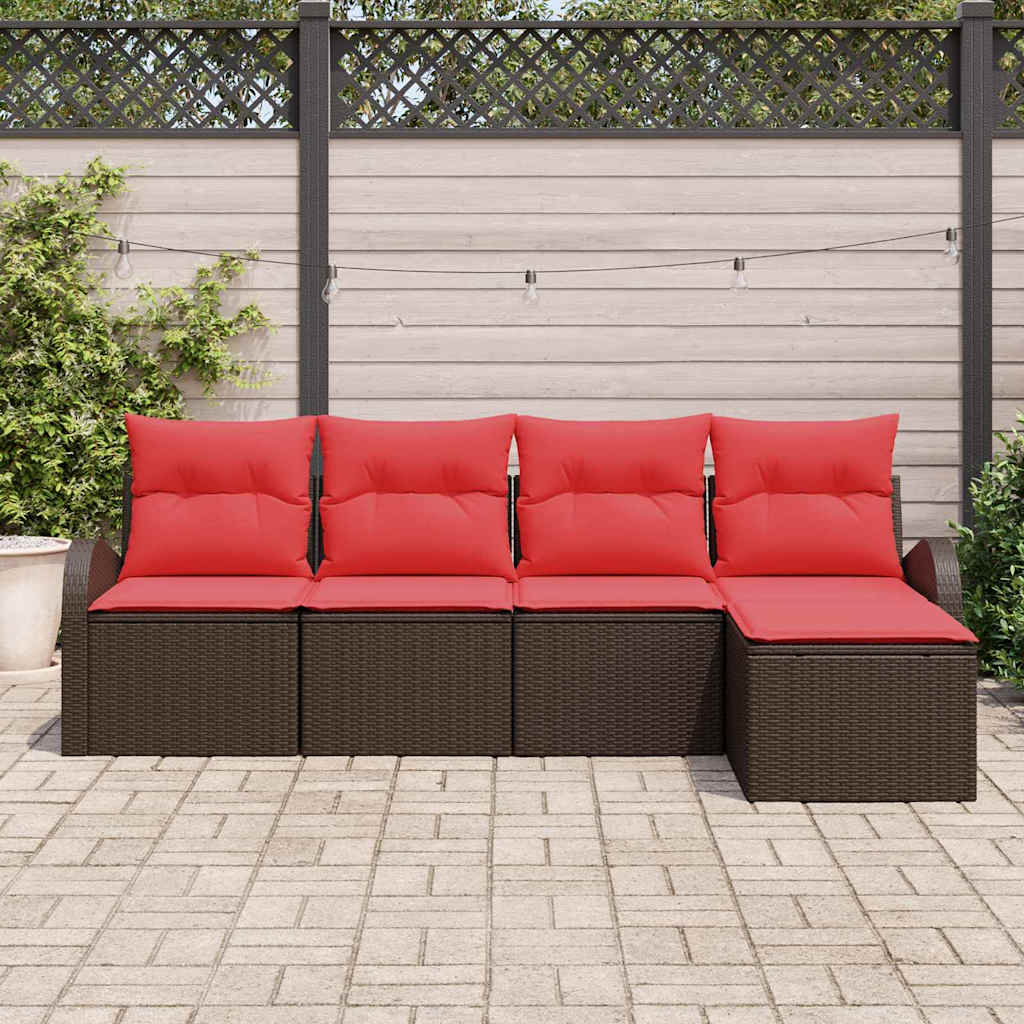 Sofa Set mit Kissen 5 pcs Braun und Rot Poly-Rattan