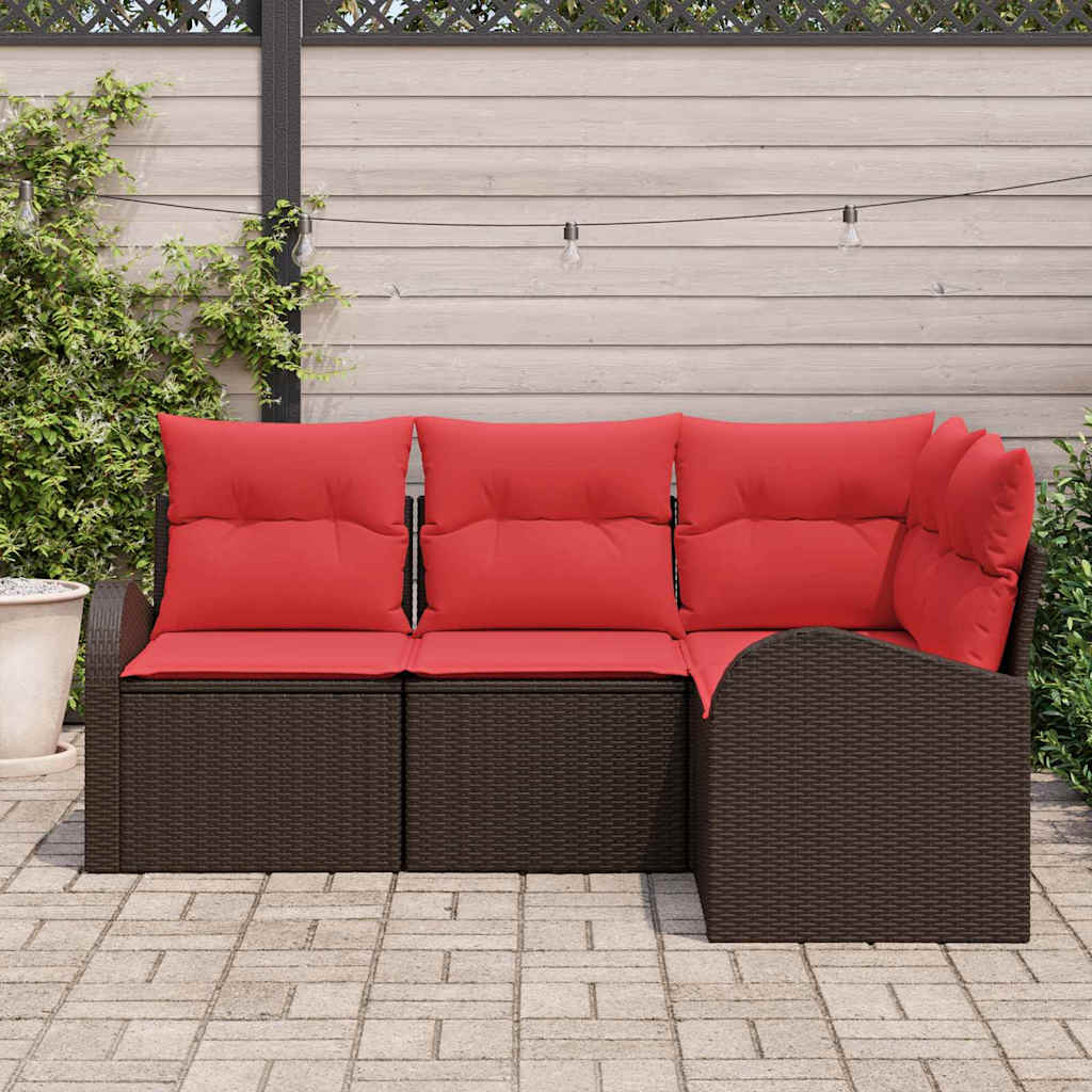 Gartensofa-set mit Kissen 4 pcs Braun und Rot Poly-Rattan