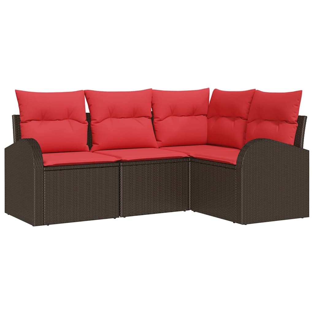 Gartensofa-set mit Kissen 4 pcs Braun und Rot Poly-Rattan