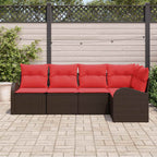 Gartensofa-set mit Kissen 5 pcs Braun und Rot Poly-Rattan