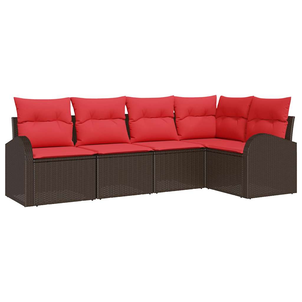 Gartensofa-set mit Kissen 5 pcs Braun und Rot Poly-Rattan