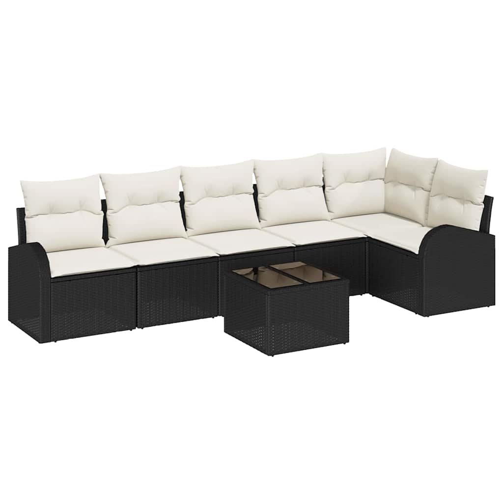 Gartensofa-set mit Kissen 7 pcs Schwarz und Weiß Poly-Rattan