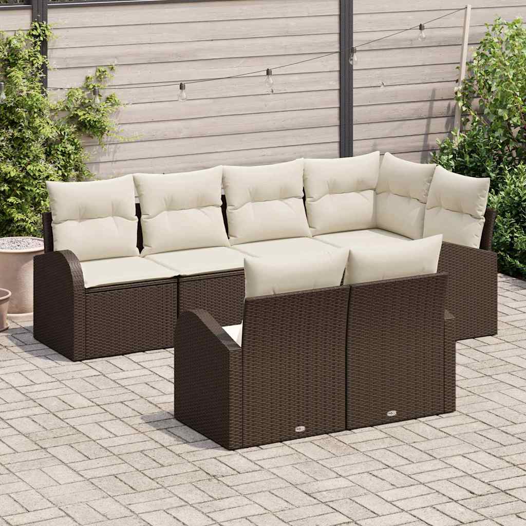 Gartensofa-set mit Kissen 7 pcs Braun und Weiß Poly-Rattan