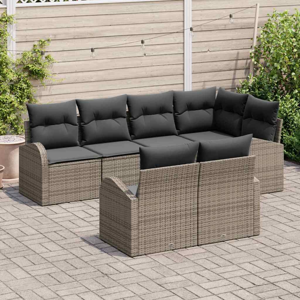 Gartensofa-set mit Kissen mit Speicher 7 pcs Grau Poly-Rattan