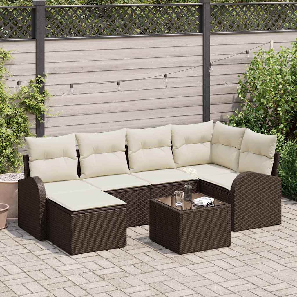 Sofa Set mit Kissen 7 pcs Braun und Weiß Poly-Rattan